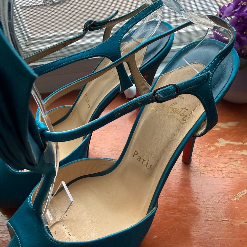 Christian Louboutin Teal Satin T-Strap Peep-Toe Heels with Bow Accent - Women - Picture 6 of 8
